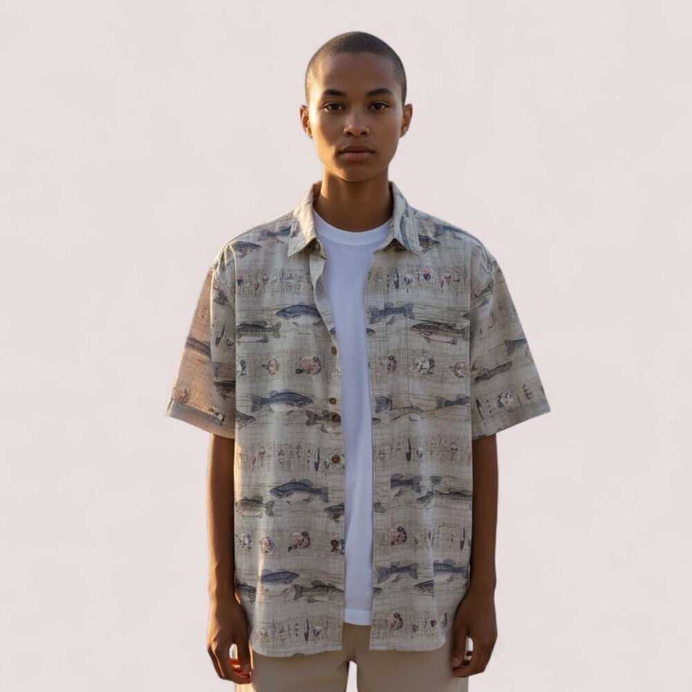 Magellan Mens Shirt Tan/Khaki‎ Fish Design Short Sleeve Sz L
